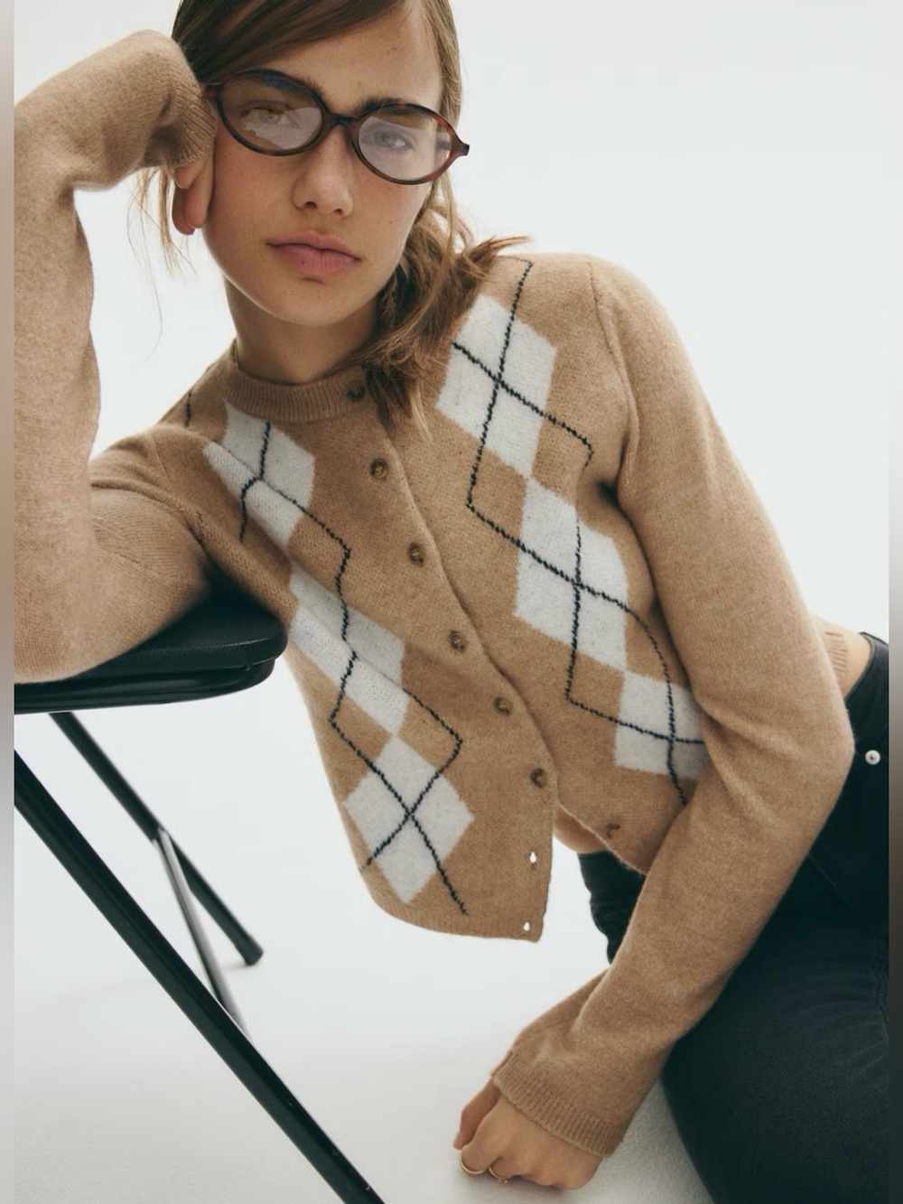 H&M Tan Argyle Button-Front Cardigan